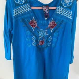 JOHNNY WAS LA Blue V-Neck 3/4 Sleeve Knit Tunic Medium
